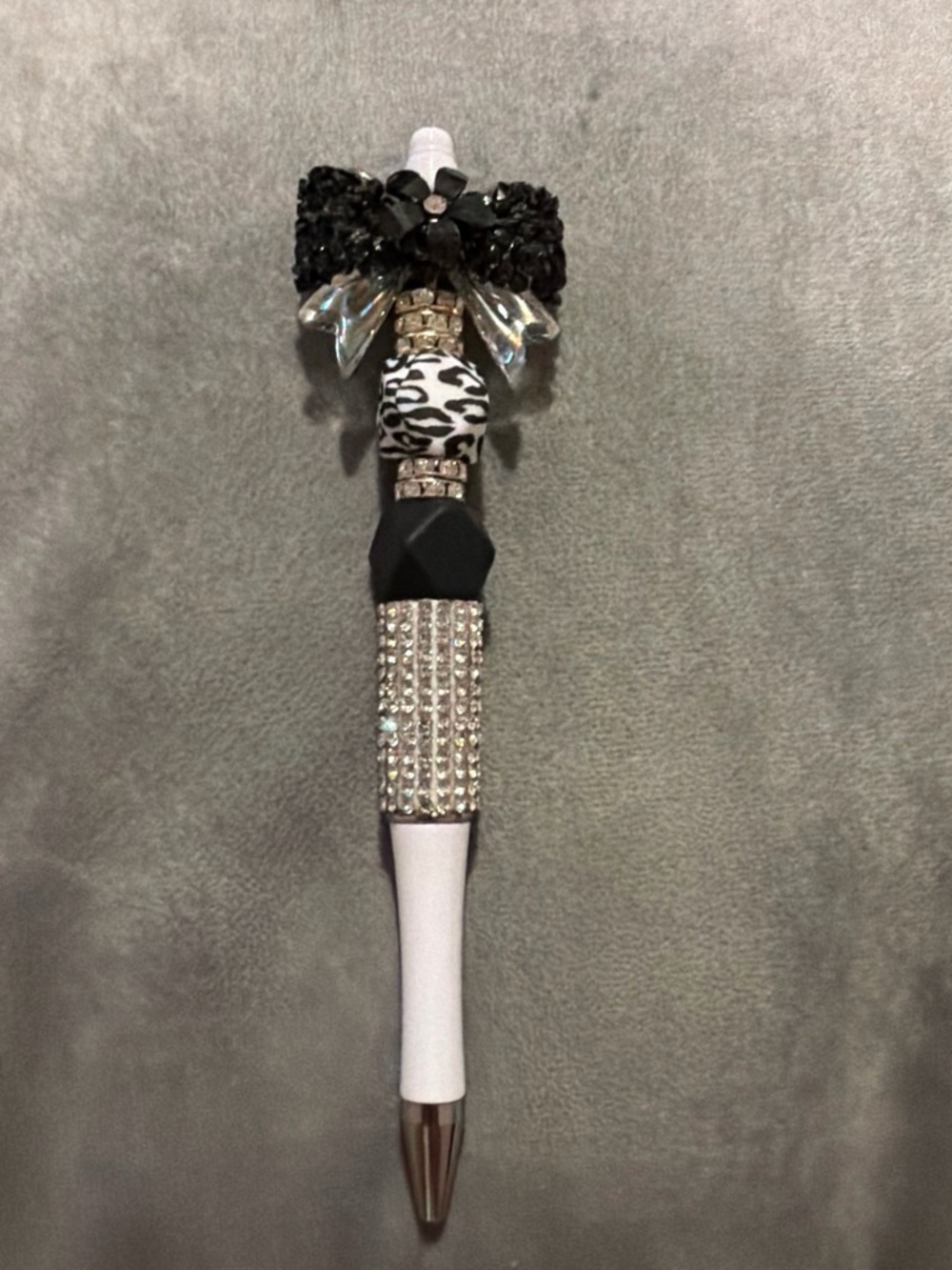 Black and White Jeweled Ballpoint Pen with Bow Accent